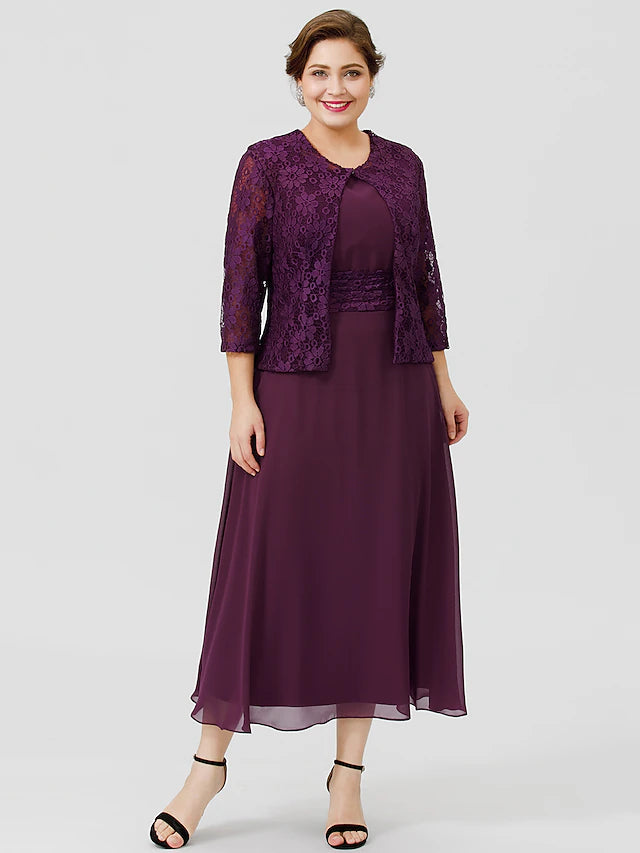 A-Linien-Kleid für die Mutter der Braut, formell, klassisch und zeitlos, elegant und luxuriös, Übergröße, U-Ausschnitt, knielang, Chiffon, geblümte Spitze, ärmellos, ja, mit Schärpe/Bandfalten